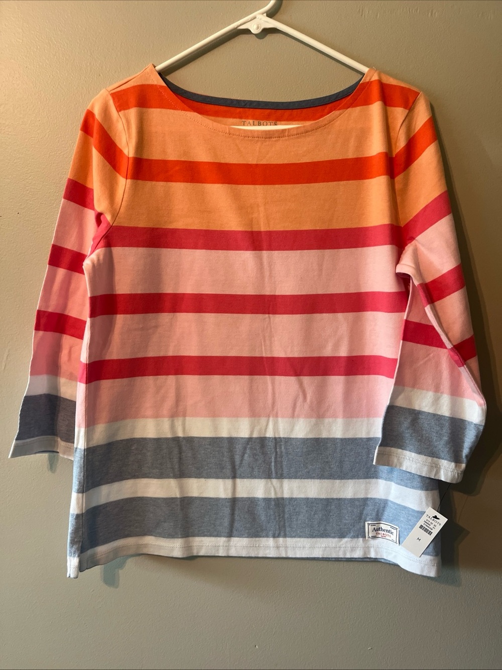 New! Women’s Talbot 100% Cotton Striped 34 Sleeve Shirt Medium Orange Blue Pink